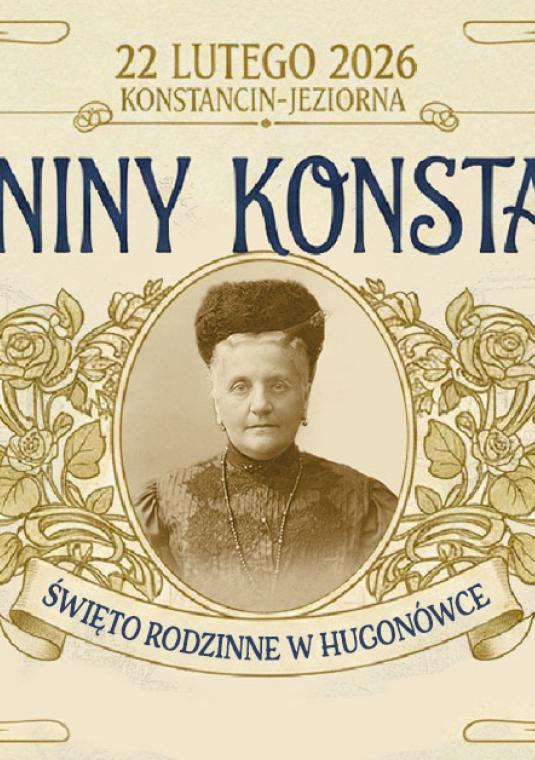 Grafika stylizowana na stare zdjęcie w sepii: napis Imieniny Konstancji 22 lutego 2026, zdjęcie hrabiny Konstancji Skórzewskiej z Potulickich w ozdobnej, florystycznej ramce.