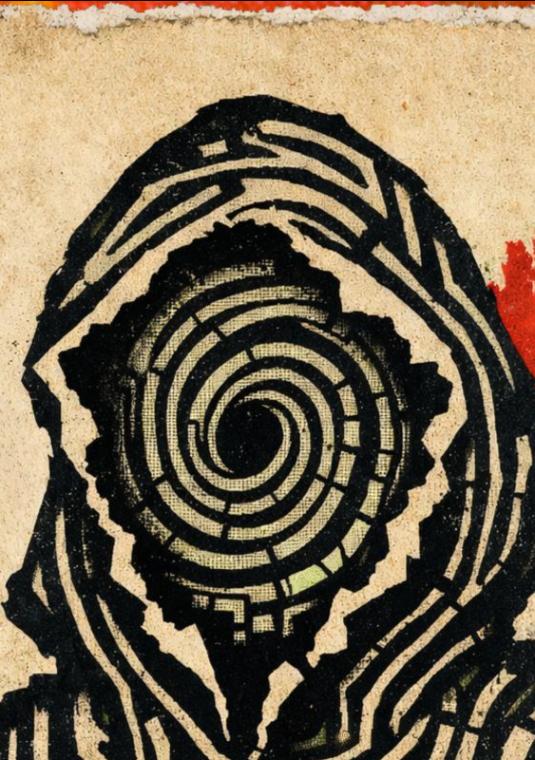 Graficzny plakat przedstawiający zakapturzoną postać zbudowaną z abstrakcyjnie zakręconych linii: przedstawiających spirale i labirynt. Napis Produkcja Fundacja ambasada kultury.