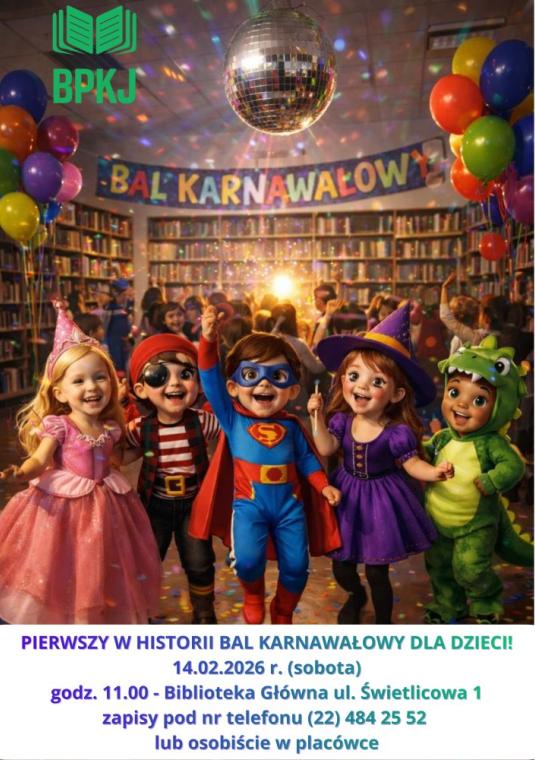 Plakat balu karnawałowego w Bibliotece Głównej. Rysunkowe dzieci w kolorowych przebraniach na tle półek z książkami.