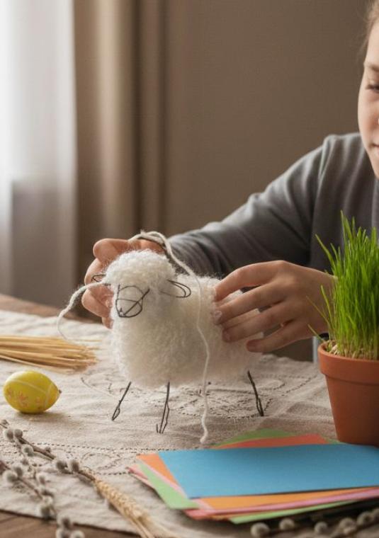 stół wielkanocny, ozdoby, widać ręce dwóch osób, która plotą włóczki, malują pisanki 