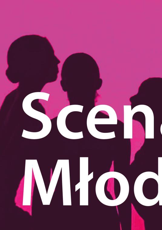 cienie postaci - tancerze i tancerki ba różowym tle, napis SCENA MŁODYCH