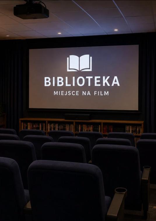 Zdjęcie przedstawiające nowoczesną, przytulną salę kinową zaaranżowaną wewnątrz biblioteki. W pomieszczeniu znajdują się rzędy wygodnych, granatowych foteli kinowych zwróconych w stronę dużego ekranu projekcyjnego. Na ekranie wyświetla się białe logo w kształcie otwartej książki oraz napis: „BIBLIOTEKA – MIEJSCE NA FILM”.