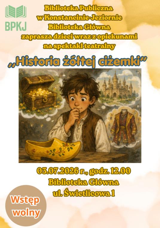 Plakat Biblioteki Publicznej w Konstancinie-Jeziornie (Biblioteka Główna) zapraszający na spektakl dla dzieci „Historia żółtej ciżemki”. Na środku znajduje się bajkowa ilustracja przedstawiająca młodego chłopca patrzącego na leżący przed nim żółty, rzeźbiony but. W chmurkach wokół jego głowy widać zamek, skrzynię ze złotem oraz bogaty strój. Na dole plakatu umieszczono okrągły znaczek „Wstęp wolny” oraz informacje: 3 lipca 2026 r., godz. 12.00, ul. Świetlicowa 1.