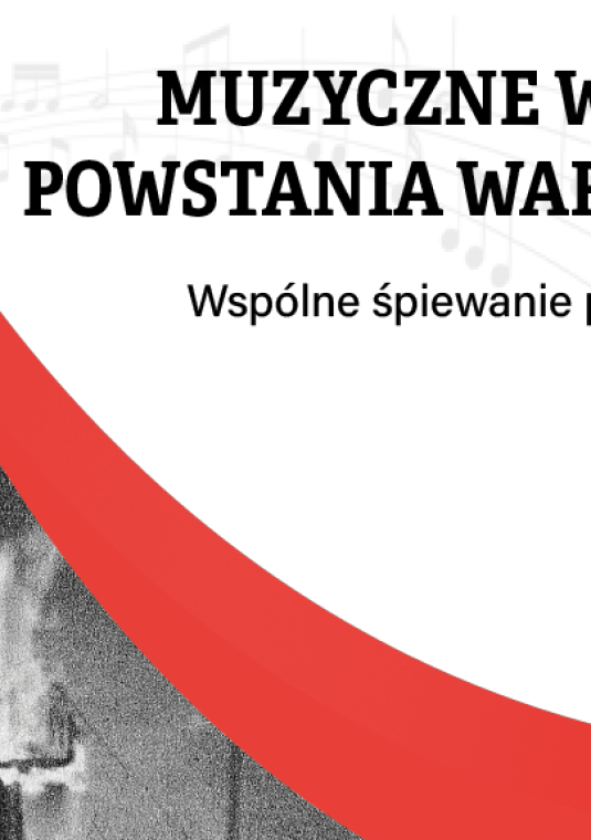 Plakat promujący wydarzenie „Muzyczne Wspomnienie Powstania Warszawskiego – wspólne śpiewanie powstańczych piosenek”. Na jasnym tle z motywem nut umieszczono szczegóły wydarzenia: 1 sierpnia, godz. 17.00, Altana przy Hugonówce, wstęp wolny. Kompozycję uzupełnia czerwony akcent oraz fragment czarno-białej fotografii po lewej stronie.