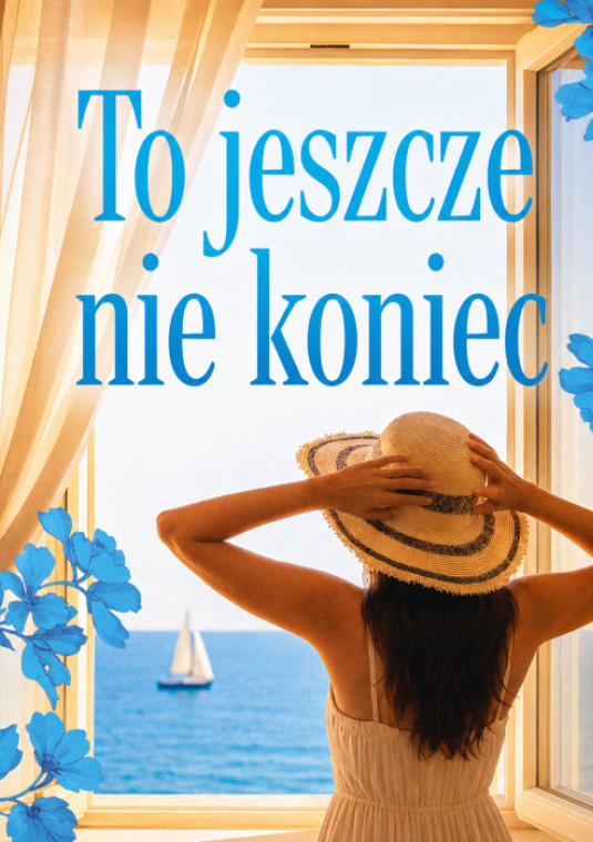 Grafika przedstawia kobietę stojącą przy otwartym oknie z widokiem na spokojne morze i żaglówkę. Trzyma dłonie na słomkowym kapeluszu i patrzy w stronę horyzontu. Na grafice umieszczono napis „To jeszcze nie koniec”, który nawiązuje do przedłużenia letniego wypoczynku.