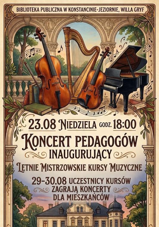 Stylizowany, klasyczny plakat promujący wydarzenia muzyczne w Bibliotece Publicznej w Konstancinie-Jeziornie (Willa Gryf). U góry, pod ozdobnym arkadowym gankiem, umieszczono ilustracje instrumentów: wiolonczeli, harfy, skrzypiec oraz fortepianu z unoszącymi się nutami. W centralnej części znajduje się napis: „23.08 Niedziela godz. 18:00 – Koncert Pedagogów inaugurujący Letnie Mistrzowskie Kursy Muzyczne” oraz dopisek: „29–30.08 Uczestnicy kursów zagrają koncerty dla mieszkańców”. Poniżej widnieje ilustracj