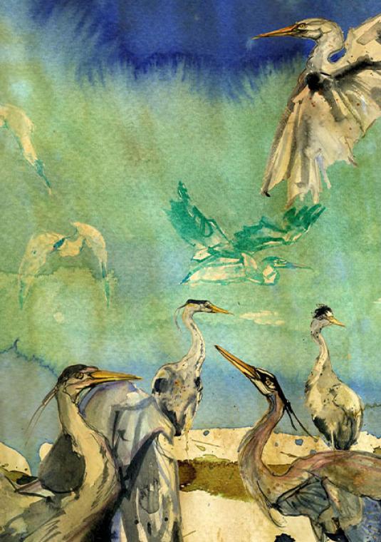 Plakat wystawy „Bestiarium. Fauna w akwareli” Rafała Roskowińskiego w KDK Hugonówka (12.09–1.11.2026). Po prawej akwarela ze stadem czapli w tonacji błękitu i zieleni, po lewej dane wydarzenia.