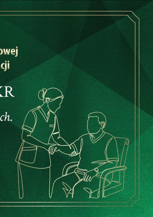 Grafika zapowiadająca XVII Sympozjum Naukowe CKR w ciemnozielonej kolorystyce ze złotym obramowaniem. Na tytule umieszczono logo Centrum Kompleksowej Rehabilitacji, nazwę wydarzenia, datę 23.10.2026 oraz temat: „Pacjent w obliczu zmian demograficznych. Nowe wyzwania dla rehabilitacji i systemu opieki zdrowotnej.”. Po prawej stronie znajduje się liniowa ilustracja przedstawiająca fizjoterapeutkę pomagającą pacjentowi na wózku.