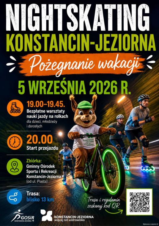 Plakat sportowy promujący wydarzenie Nightskating Konstancin-Jeziorna – Pożegnanie wakacji, zaplanowane na 5 września 2026 r. W tle dynamicznego, ciemnego kadru widać jadących na rolkach ludzi oraz maskotkę – wiewiórkę jadącą na rowerze. Po lewej stronie w czytelnych modułach z ikonami umieszczono harmonogram: godz. 19.00–19.45 bezpłatne warsztaty nauki jazdy na rolkach dla dzieci, młodzieży i dorosłych; godz. 20.00 start przejazdu; zbiórka przy Gminnym Ośrodku Sportu i Rekreacji (od ul. Piasta); trasa blis