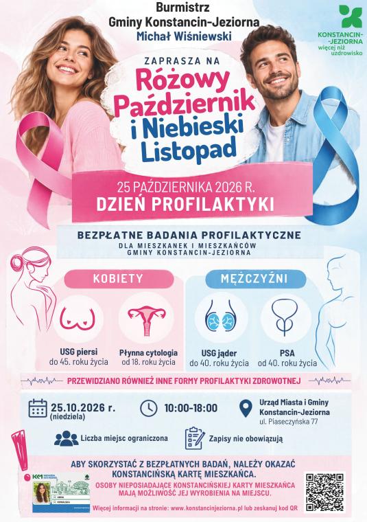 Plakat zapraszający na Dzień Profilaktyki 25 października 2026 r. w Konstancinie-Jeziornie, z wizerunkami kobiety i mężczyzny oraz różową i niebieską wstążką symbolizującymi profilaktykę nowotworową.