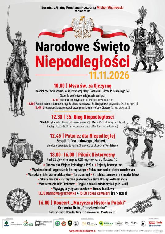 Plakat promujący gminne obchody święta niepodległości. Treść z plakatu znajduje się w treści artykułu.