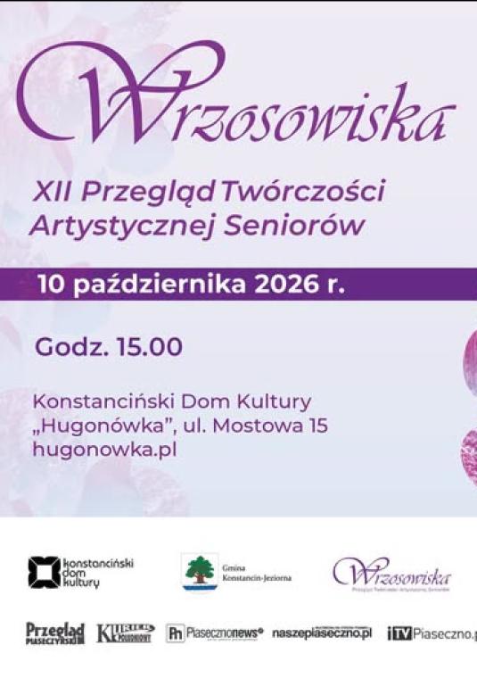 Logo z kaligrafowanym, fioletowym napisem „Wrzosowiska”, pod którym umieszczono fioletowy podtytuł „Przegląd Twórczości Artystycznej Seniorów” na białym tle.
