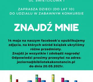 Plakat do konkursu, na dole ksiązki widoczne od grzbietów, powyzej na zielonym tle informacje o konkursie