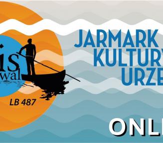 Plakat do wydarzenia Jarmark Kultury Urzecza online, po prawej stronie na tle fal nazwa wydarzenia, po lewej stronie żólty okręg poprzecinany białymi falami, pośrdoku napis Flis Festiwal, obok stylizowany rysunek płynącej łudki z człowiekiem 