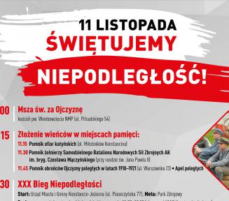 Plakat. Szare tło. Na górze jest duży napis 11 listopada świętujemy niepodległość. Na dole są informacje związane z treścią artykułu. Po prawej stronie są 3 obrazki: na jednym zdjęcie 2 mężczyzn w strojach wojskowych oraz dwa zdjęcia z dwoma mężczyznami na koniach.