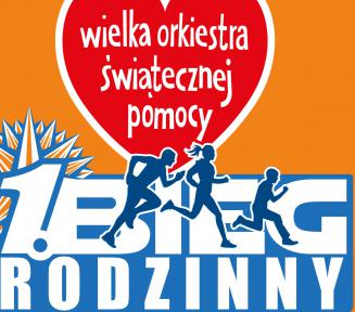 Grafika wektorowa. Plakat promujący pierwszy bieg rodzinny. Na górze czerwone serce z tekstem Wielka Orkiestra Świątecznej Pomocy. Treść zawarta na plakacie znajduje się w treści artykułu.