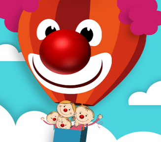 Rysunek czworga dzieci z nosami z czerwonych piłeczek w koszu balona lotniczego. Czasza balona ma formę głowy klauna.