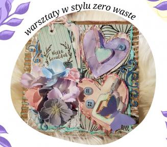 Grafika: czarny napis warsztaty w stylu zero waste i pod spodem zdjęcie kwiatków i kartki pocztowej