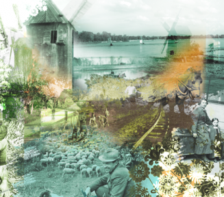 Grafika: połączone kilka zdjęć przestawiających rzekę Wisłę, stary młyn oraz wiejskie gospodarstwo. 