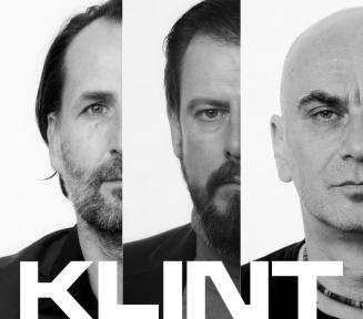 Plakat zespołu Klint, trzy męskie twarze wykadrowane do połowy w pionie