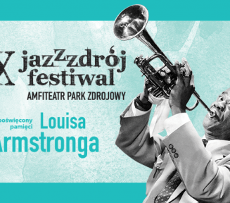 Plakat festiwalu jazzowego z grafiką Luisa Armstronga grającego na trąbce. 