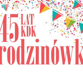 Grafika wektorowa. Napis 45 lat KDK, urodzinówka, na tle kolorowych girland.