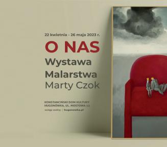 Grafika wektorowa. Plakat promujacy wystawę Marty Czok pt. „O nas”.