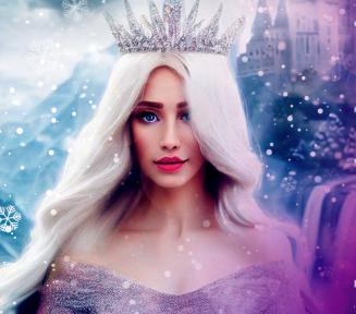 Grafika przedstawia plakat spektaklu „Królowa śniegu”. Tło jest różowo-niebieskie. Widnieje na nim tytułowa Królowa Śniegu.