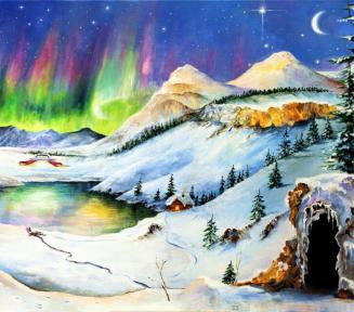 Zimowy krajobraz malowany farbami. Chłodne barwy. Pejzaż przedstawia góry, drzewa liściaste i jezioro. Na niebie zorza polarna.