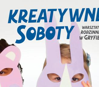 Grafika wektorowa. Przedstawia dwie dziewczynki ze zwierzęcymi maskami. Na plakacie znajduje sie napis "kreatywne soboty".