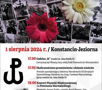 Plakat informujący o obchodach 80. Rocznicy Powstania Warszawskiego, informacje zamieszczone na plakacie znajdują się w artykule. 