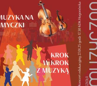 na czerwonym tle grafika dzieci i instrumentów