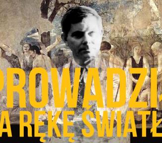 mężczyzna w tle rozmyte obrazy, żółte napisy z przodu