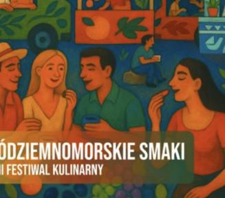 Ilustracja promująca letni festiwal kulinarny „Śródziemnomorskie Smaki”. Na pierwszym planie uśmiechnięci ludzie jedzą i rozmawiają. W tle food trucki i stoiska oznaczone napisami „Italian”, „Spanish”, „Greek” i częściowo widoczne „Portuguese”. Kolorowa, stylizowana grafika w ciepłych barwach przedstawia przyjazną atmosferę wydarzenia kulinarnego.