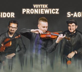 trzech mężczyzn, dwóch trzyma skrzypce, trzeci płytę gramofonową