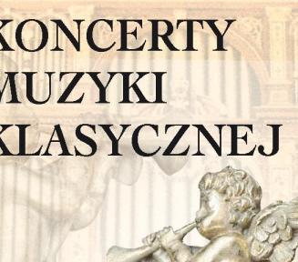 plakat koncert muzyki klasycznej z rzeźbą aniołka grającego na trąbce