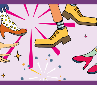 Rysunek przedstawia męskie nogi w eleganckich butach i na obcasach w ruchu tanecznym. Kompozycja oddaje dynamiczny, taneczny klimat sceny.