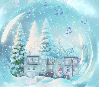 Ilustracja przedstawia zimową scenę w szklanej kuli. W jej wnętrzu stoją ośnieżone domki i choinki, a wokół kuli unoszą się delikatne nutki, nadając całości świąteczny, muzyczny nastrój.
