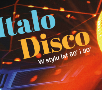 plakat Italo Disco w stylu lat 80' i 90' na czerwonym tle i z disco kula po prawej stronie