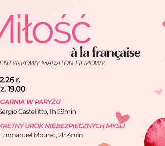 Plakat wydarzenia pastelowo różowe tło, rysowane, różowe serduszka, napis Miłość à la française walentynkowy maraton filmowy