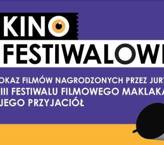 fioletowy baner z napisem kino festiwalowe, w prawym dolnym rogu czarne okulary