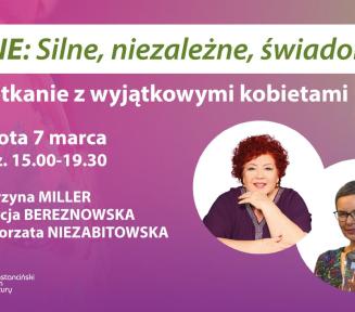 Plakat spotkania, różowe tło z przebijającymi tropikalnymi kwiatami, napis: One: Silne, niezależne, świadome