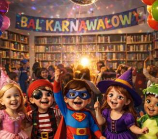 Plakat balu karnawałowego w Bibliotece Głównej. Rysunkowe dzieci w kolorowych przebraniach na tle półek z książkami.