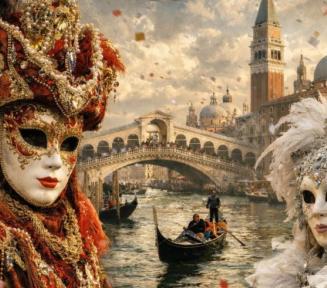 Postacie w karnawałowych strojach weneckich i ozdobnych maskach weneckich w tle Wenecja, gondole, kanał wenecki