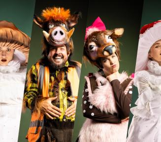 Kolaż pięciu ujęć aktorów Teatru Kultureska w kostiumach postaci leśnych: dzika, sarny, muchomora, brązowego grzyba i ukrytej postaci w zielonych strzępach.