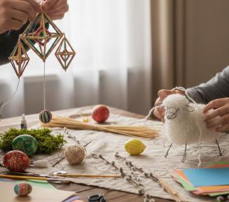 stół wielkanocny, ozdoby, widać ręce dwóch osób, która plotą włóczki, malują pisanki 