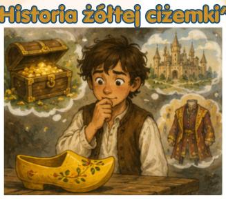 Plakat Biblioteki Publicznej w Konstancinie-Jeziornie (Biblioteka Główna) zapraszający na spektakl dla dzieci „Historia żółtej ciżemki”. Na środku znajduje się bajkowa ilustracja przedstawiająca młodego chłopca patrzącego na leżący przed nim żółty, rzeźbiony but. W chmurkach wokół jego głowy widać zamek, skrzynię ze złotem oraz bogaty strój. Na dole plakatu umieszczono okrągły znaczek „Wstęp wolny” oraz informacje: 3 lipca 2026 r., godz. 12.00, ul. Świetlicowa 1.