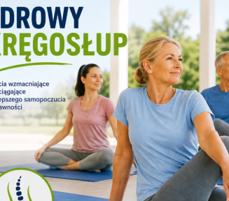 Plakat promujący zajęcia „Zdrowy kręgosłup”. Na pierwszym planie kobieta wykonuje ćwiczenie rozciągające w pozycji siedzącej na macie. W tle dwie osoby ćwiczą w podobny sposób. W górnej części grafiki znajduje się napis „Zdrowy kręgosłup” oraz informacja: „Zajęcia wzmacniające i rozciągające dla lepszego samopoczucia i sprawności”. W dolnej części podano miejsce i godziny zajęć: przed budynkiem GOSiR (od ul. Piasta), w godz. 10.00–11.00. Grafika zachęca do dbania o zdrowy kręgosłup i sprawność.