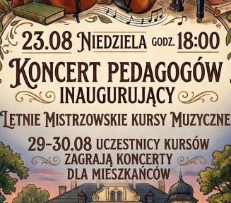 Stylizowany, klasyczny plakat promujący wydarzenia muzyczne w Bibliotece Publicznej w Konstancinie-Jeziornie (Willa Gryf). U góry, pod ozdobnym arkadowym gankiem, umieszczono ilustracje instrumentów: wiolonczeli, harfy, skrzypiec oraz fortepianu z unoszącymi się nutami. W centralnej części znajduje się napis: „23.08 Niedziela godz. 18:00 – Koncert Pedagogów inaugurujący Letnie Mistrzowskie Kursy Muzyczne” oraz dopisek: „29–30.08 Uczestnicy kursów zagrają koncerty dla mieszkańców”. Poniżej widnieje ilustracj