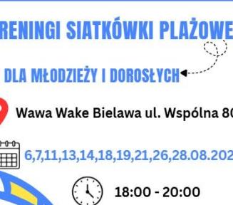 Oto propozycje opisu alternatywnego dla tego plakatu:  Wersja krótka (standardowy alt):  Plakat informujący o bezpłatnych treningach siatkówki plażowej dla młodzieży i dorosłych na terenie Wawa Wake Bielawa (ul. Wspólna 80). Zajęcia odbywają się w wybrane dni sierpnia 2026 r. w godzinach 18:00–20:00. Organizatorem jest SPS Konstancin-Jeziorna przy wsparciu Gminy Konstancin-Jeziorna.